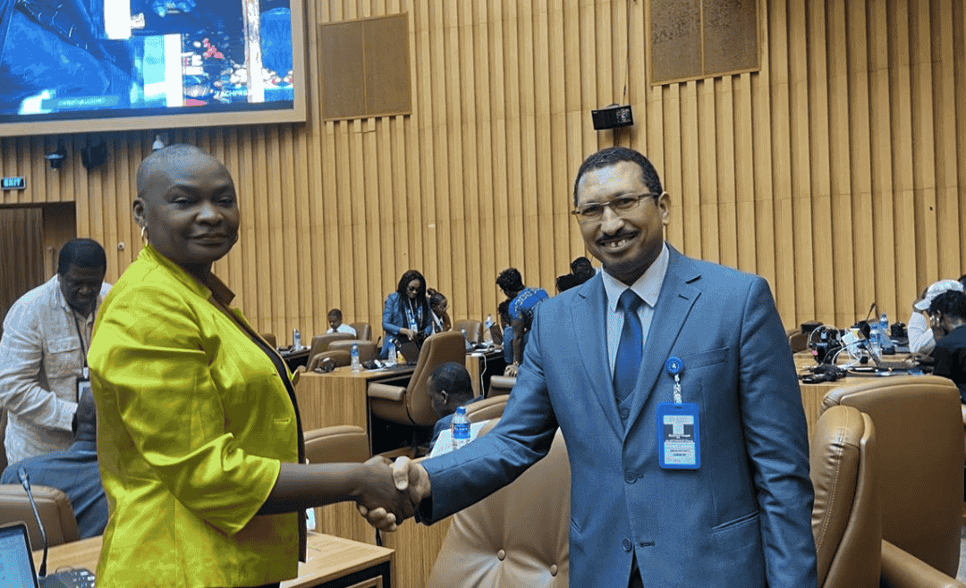 مدير منظمة عدالة لحقوق الإنسان المحامي محمود جابر يصافح السيدة مفو باليني، ممثلة دولة جنوب إفريقيا وعضوة اللجنة الإفريقية لحقوق الإنسان والشعوب، خلال الدورة 85 في بانجول.