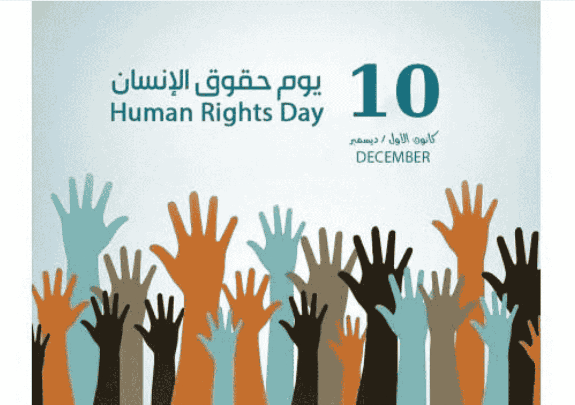 رسم توضيحي لليوم العالمي لحقوق الإنسان يظهر أيادي مرفوعة بمختلف الألوان احتفالًا بتاريخ 10 ديسمبر.