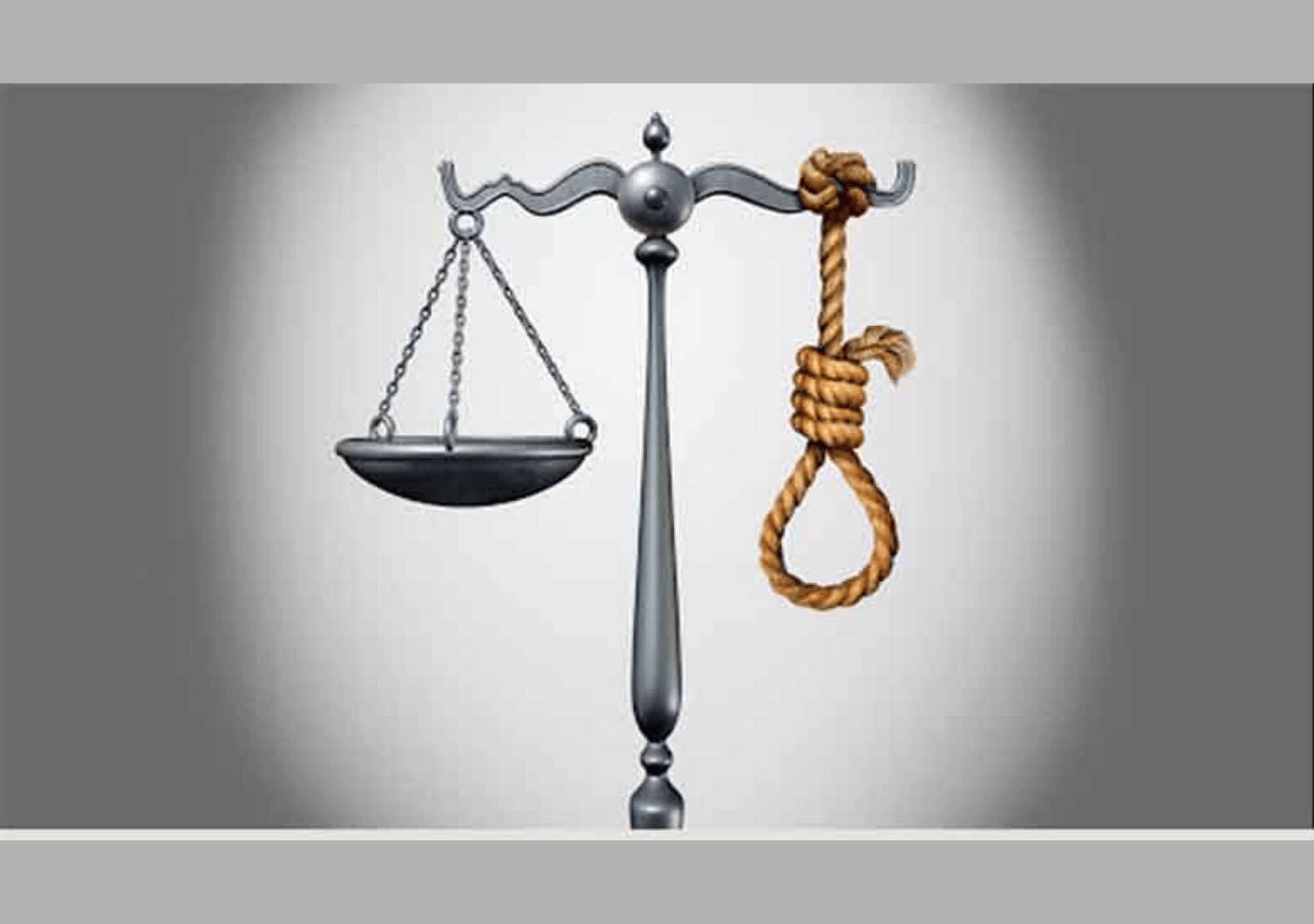 ميزان عدالة مع حبل مشنقة يرمزان لعقوبة الإعدام.