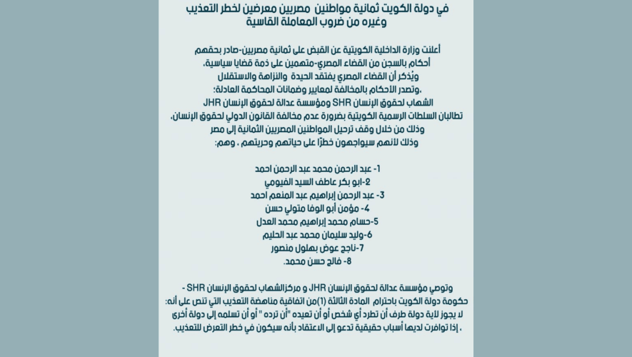 تحذير حقوقي: ثمانية مصريين معرضون للتعذيب عند ترحيلهم