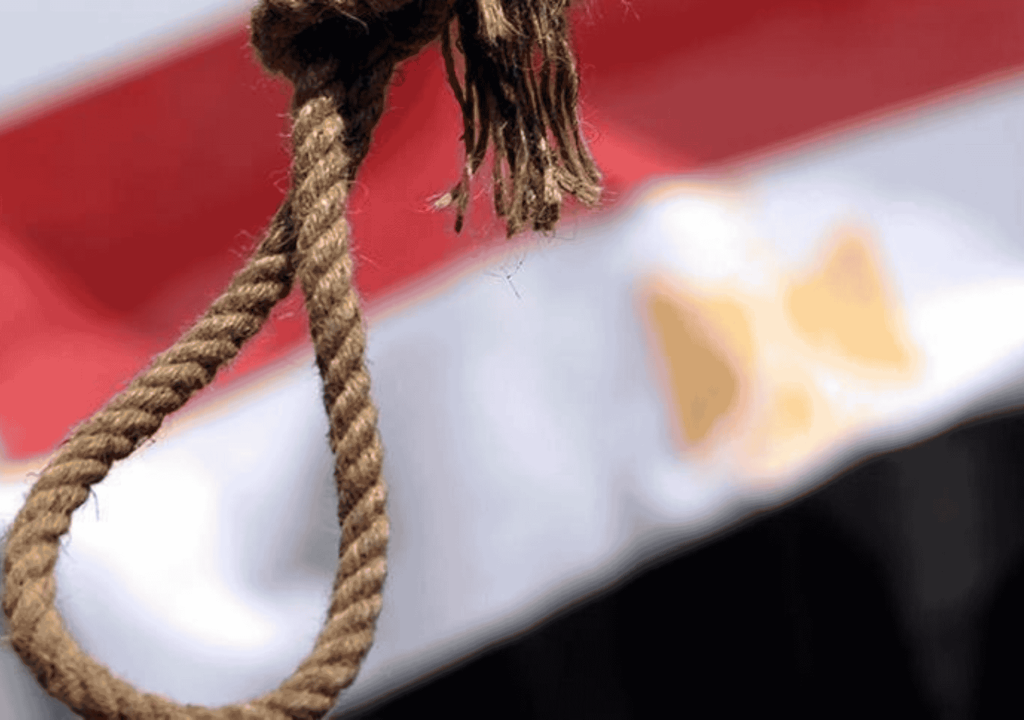 حبل مشنقة يتدلّى في مقدمة الصورة وخلفه العلم المصري بشكل غير واضح.