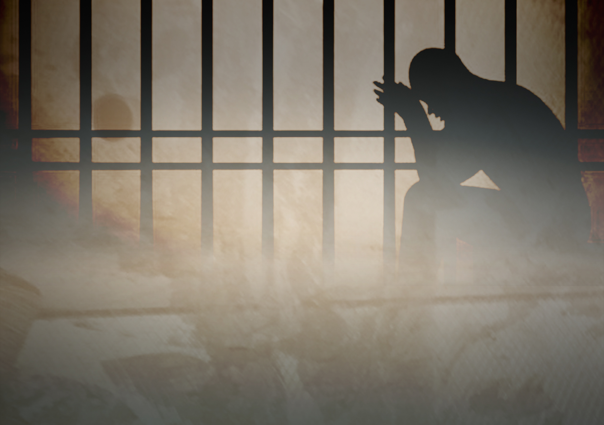 تُظهر الصورة ظلاً لرجل يجلس خلف قضبان حديدية، واضعاً رأسه بين يديه في وضعٍ يدل على الحزن واليأس، داخل زنزانة يغمرها ضوء خافت من الخارج. يرمز المشهد إلى حالات الاعتقال غير القانوني والإخفاء القسري وما يرافقها من معاناة إنسانية وانتهاك للكرامة.